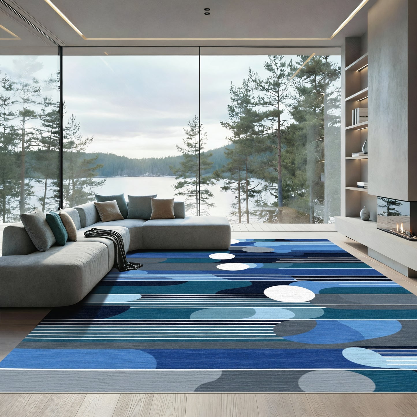 Abstract Blue Gradient Wave Lines Rug