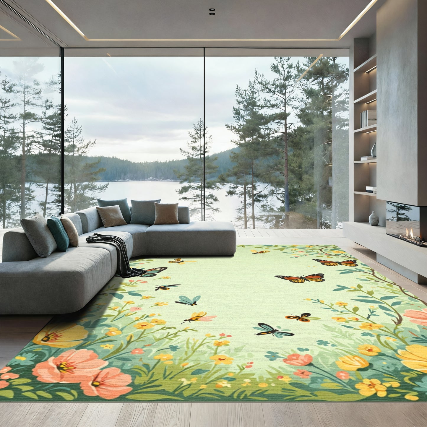 Whimsical Yellow Orange Butterfly Garden Rug