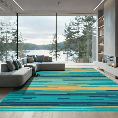 Tonal Blue Yellow Horizontal Stripes Rug