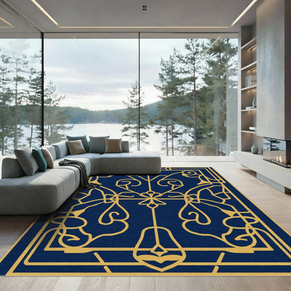 Golden Art Deco Swirls Navy Rug
