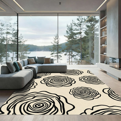 Cream Black Swirl Rose Collection Rug