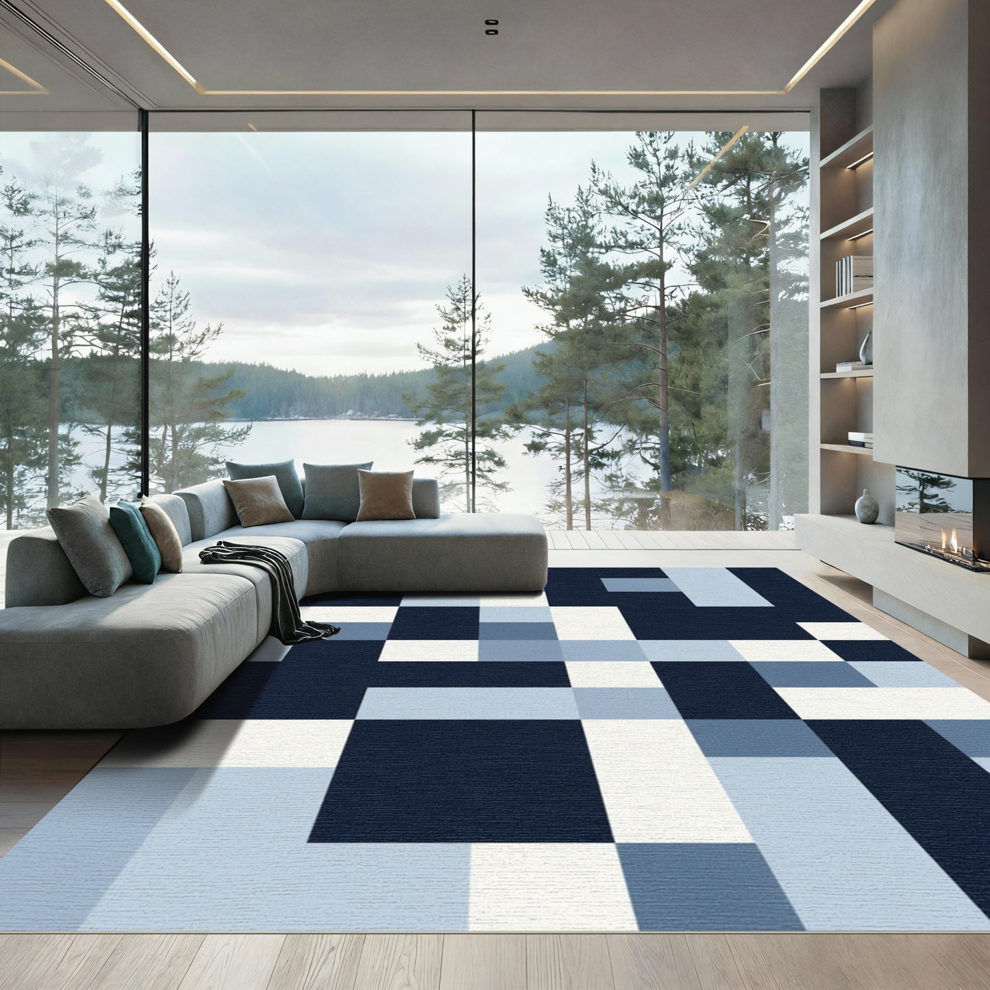 Modern Geometric Navy Blue Blocks Rug