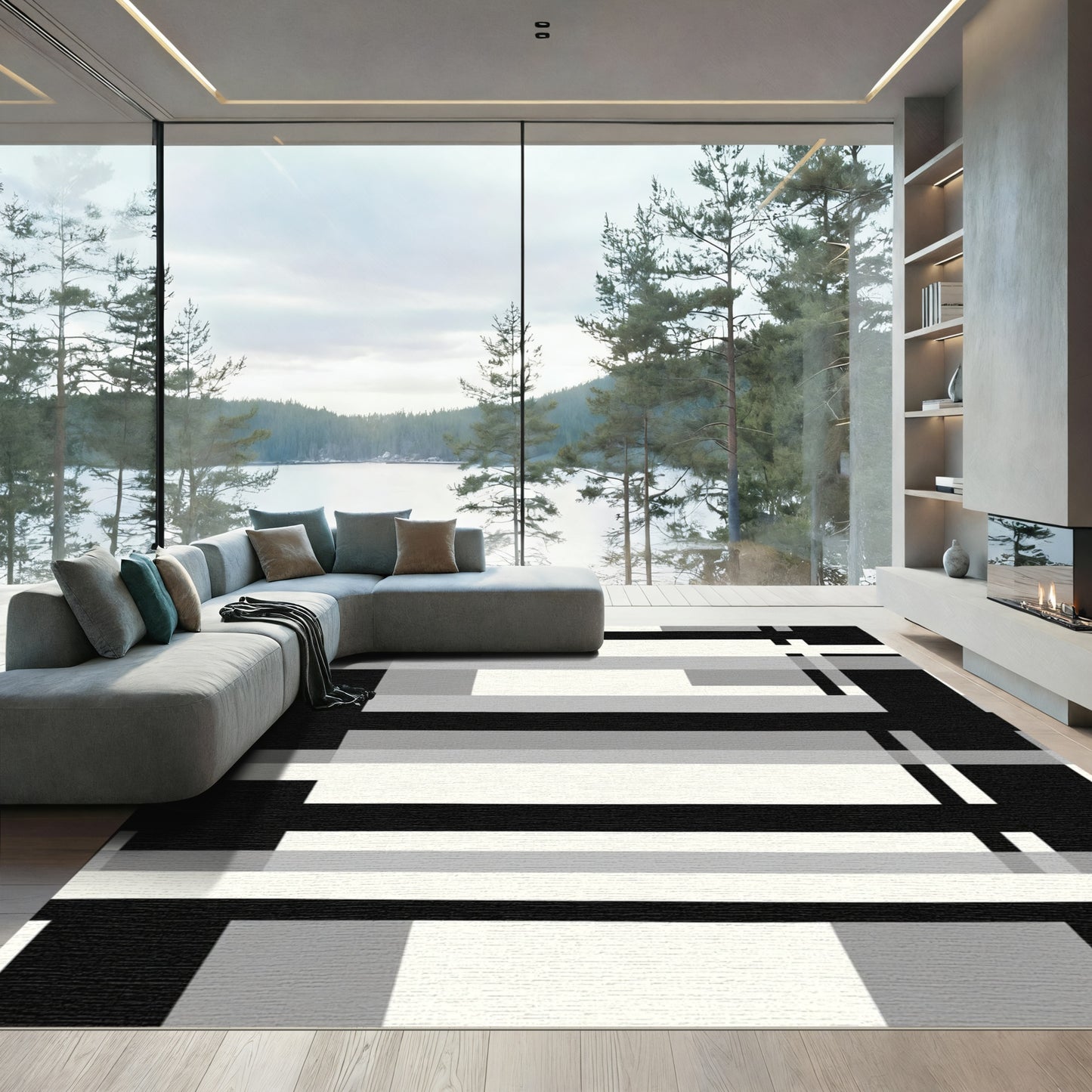 Monochrome Geometric Block Stripe Rug