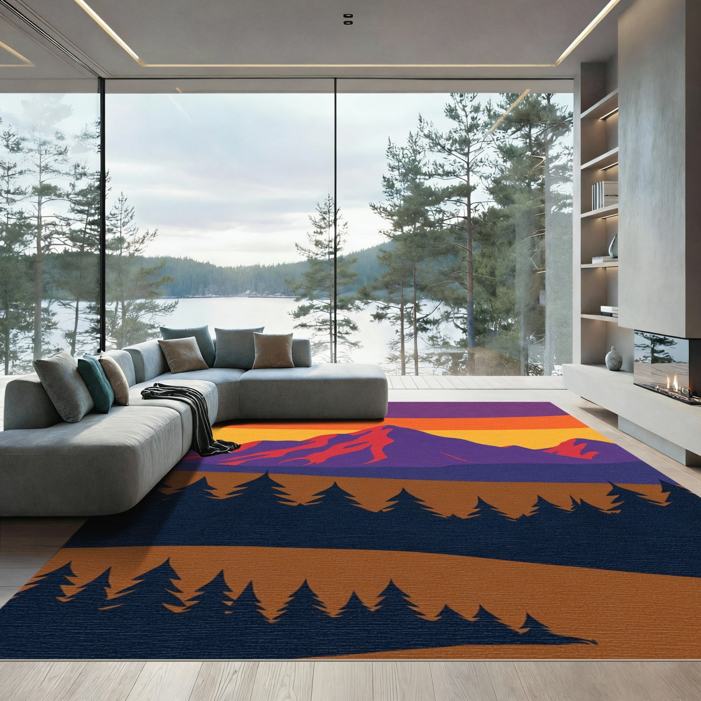 Purple Mountain Sunset Forest Landscape Rug