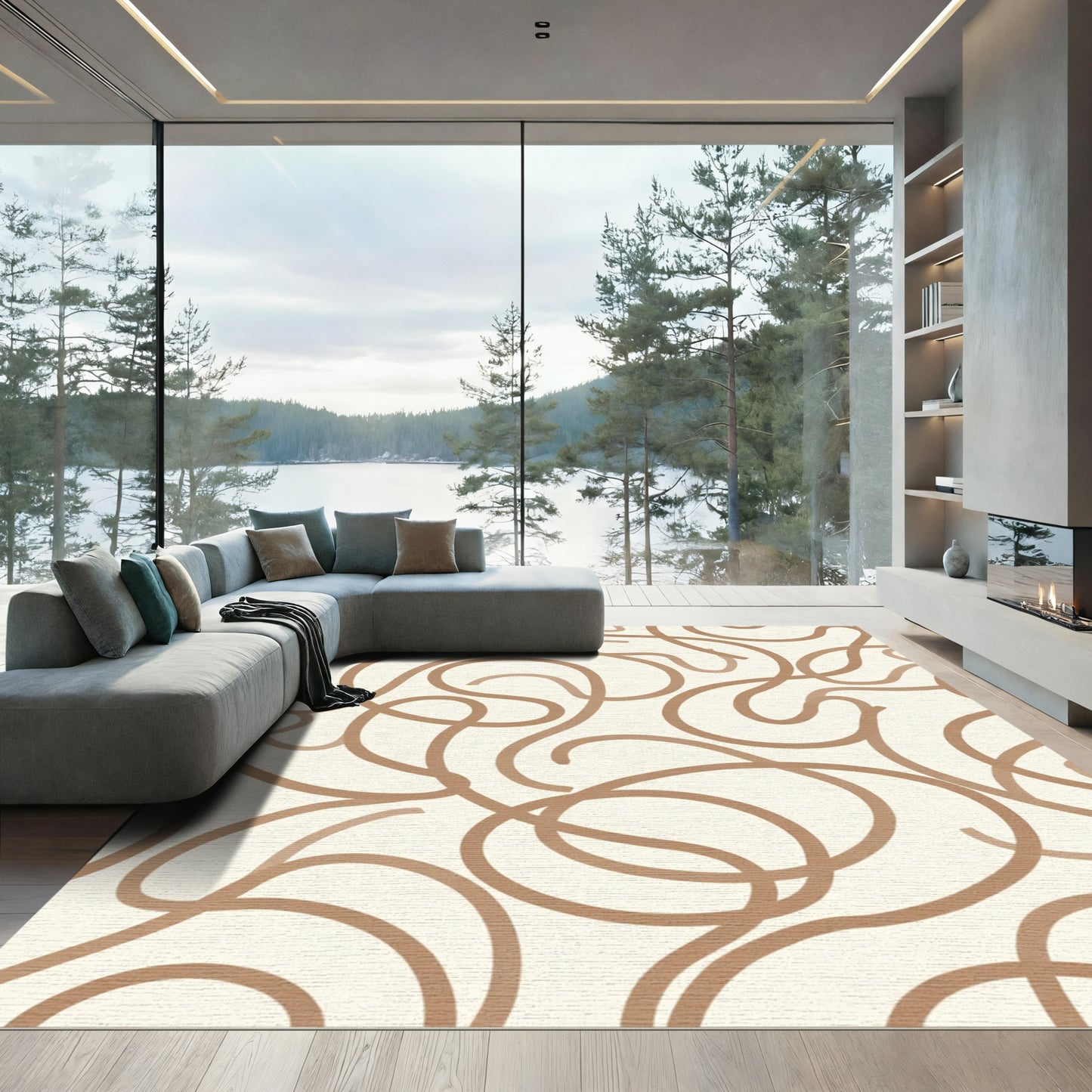 Minimalist Brown Swirl Line Rug