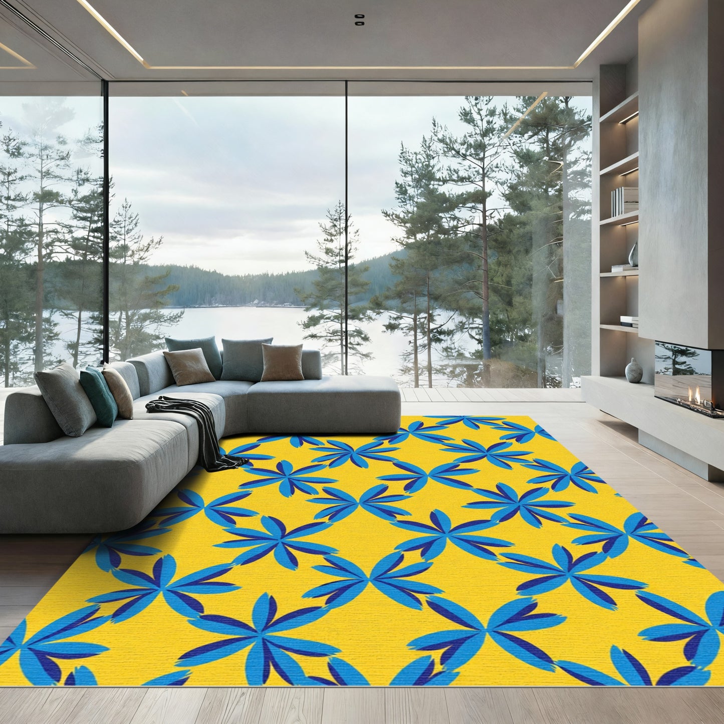Royal Blue Starburst Yellow Geometric Rug
