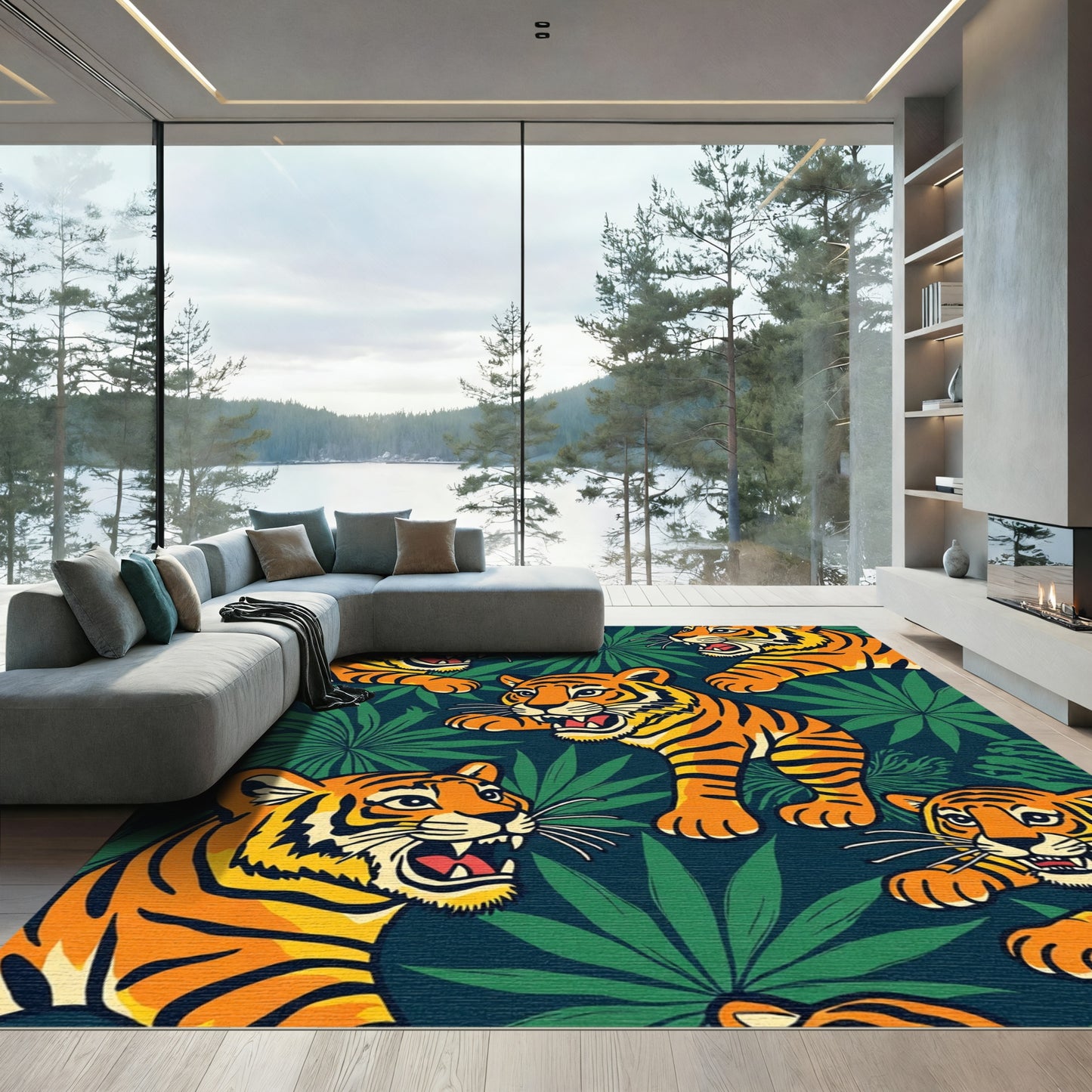 Jungle Tiger Face Tropical Emerald Rug