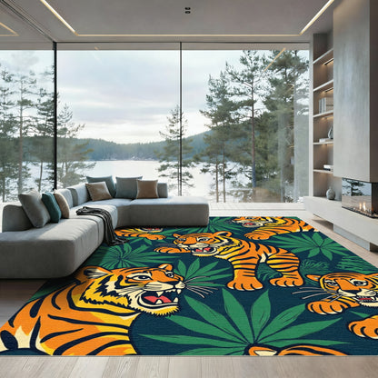 Jungle Tiger Face Tropical Emerald Rug