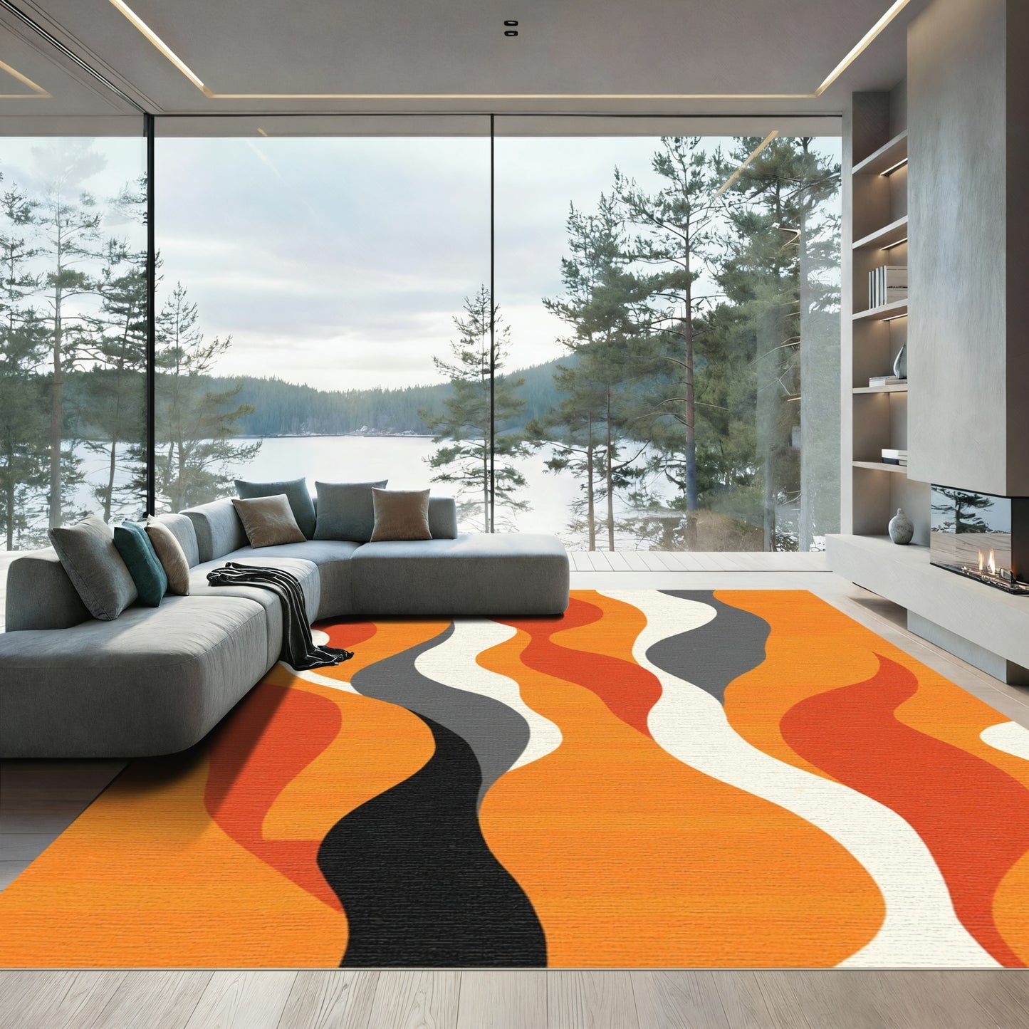 Orange Cream Gray Abstract Waves Rug