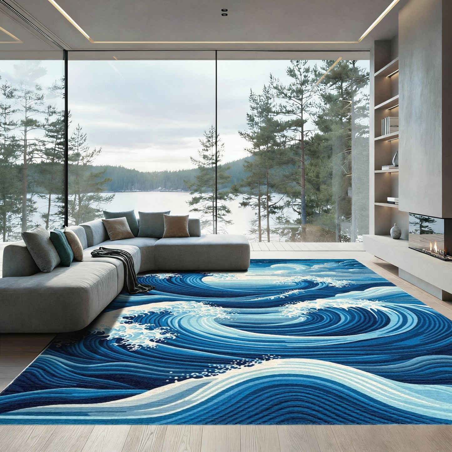 Navy Crashing Waves Crescent Moon Rug