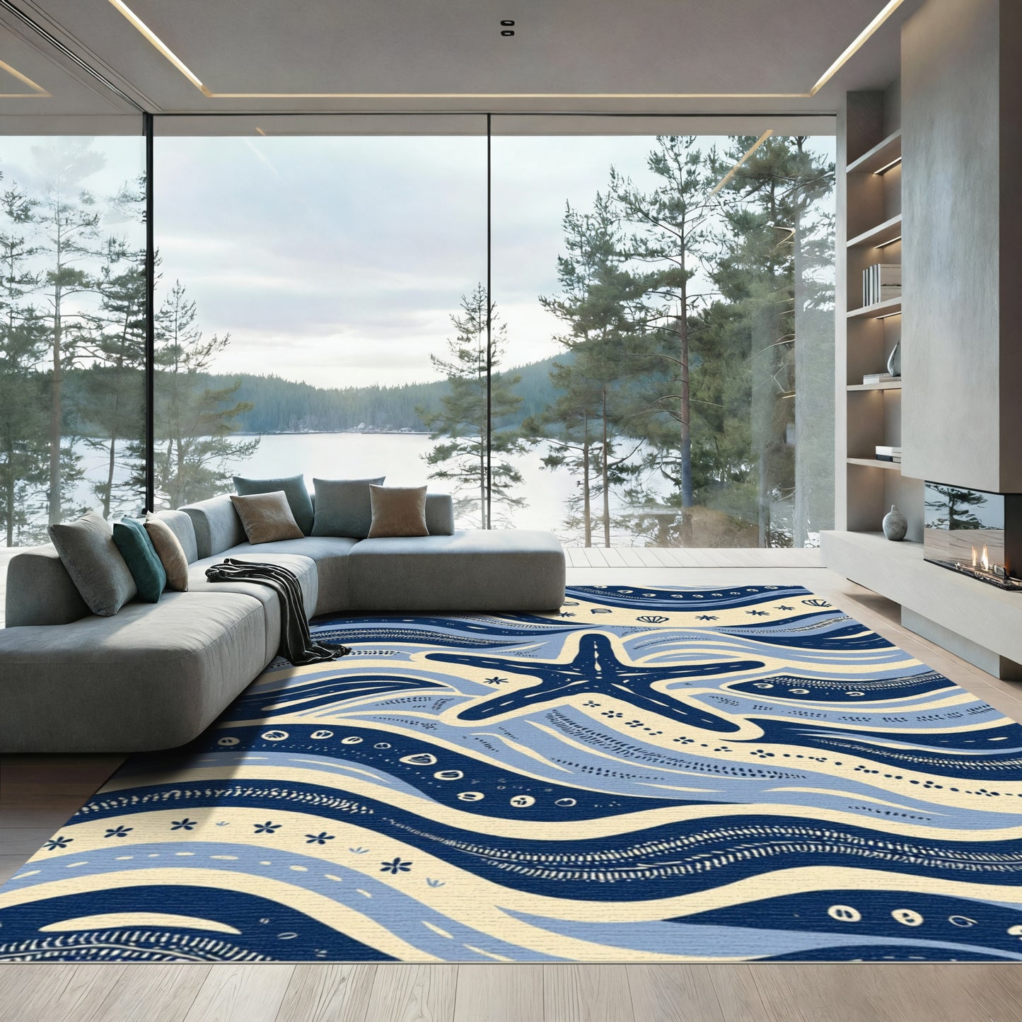 Navy Blue Starfish Ocean Waves Rug