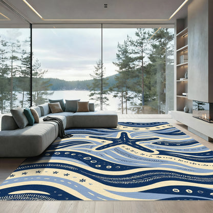 Navy Blue Starfish Ocean Waves Rug