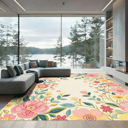 Whimsical Pink Yellow Floral Garland Rug