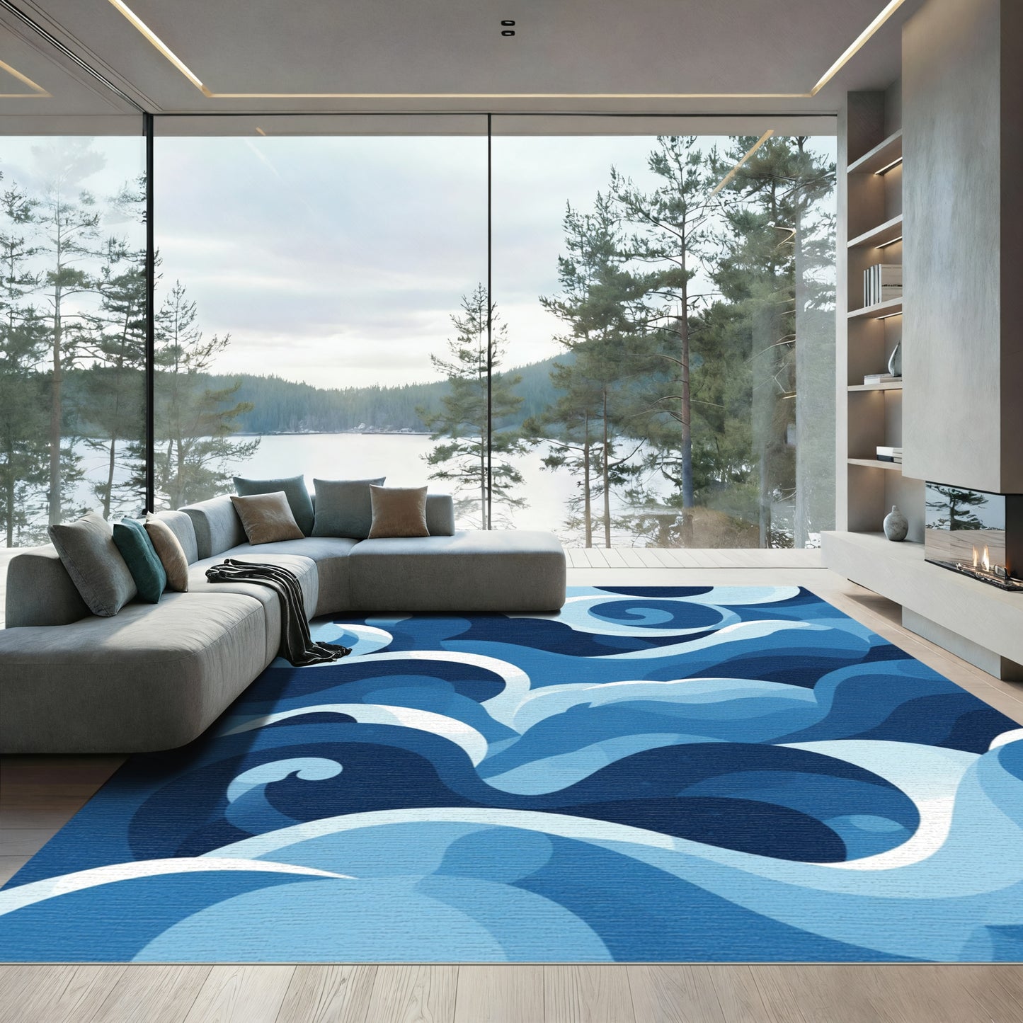 Deep Blue Abstract Swirl Wave Rug