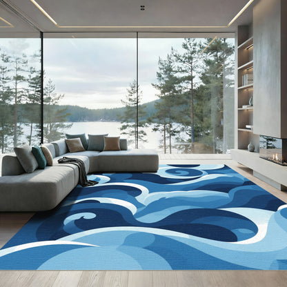 Deep Blue Abstract Swirl Wave Rug