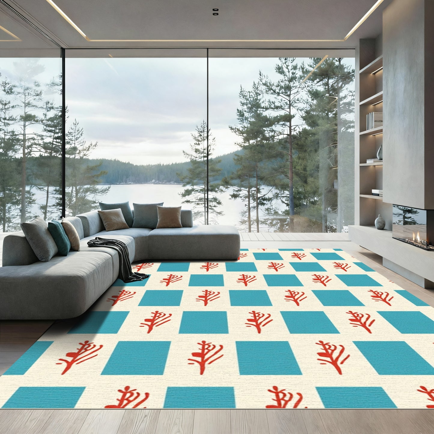 Red Branch Blue Square Check Rug