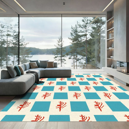 Red Branch Blue Square Check Rug