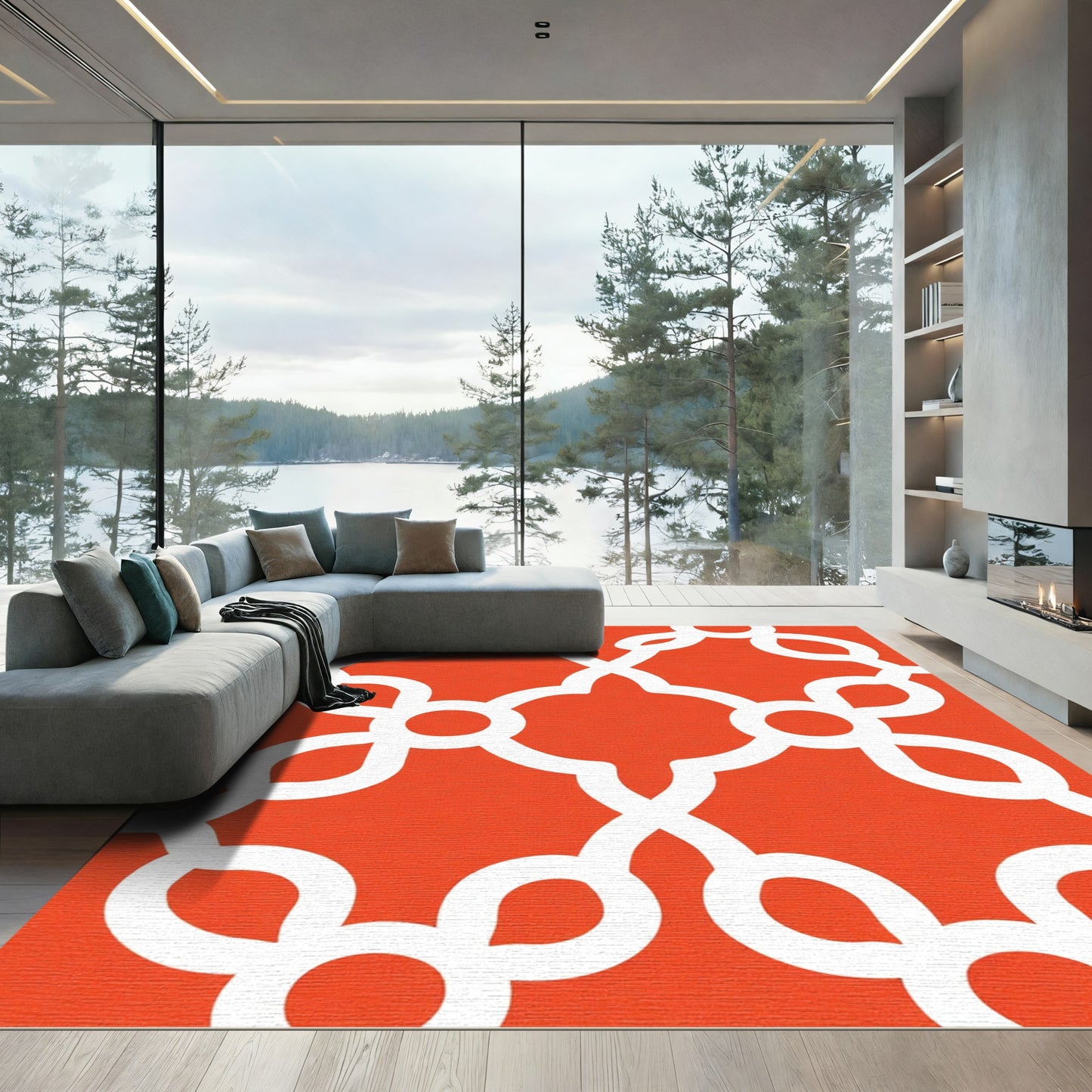 Vibrant Orange White Trellis Geometric Rug