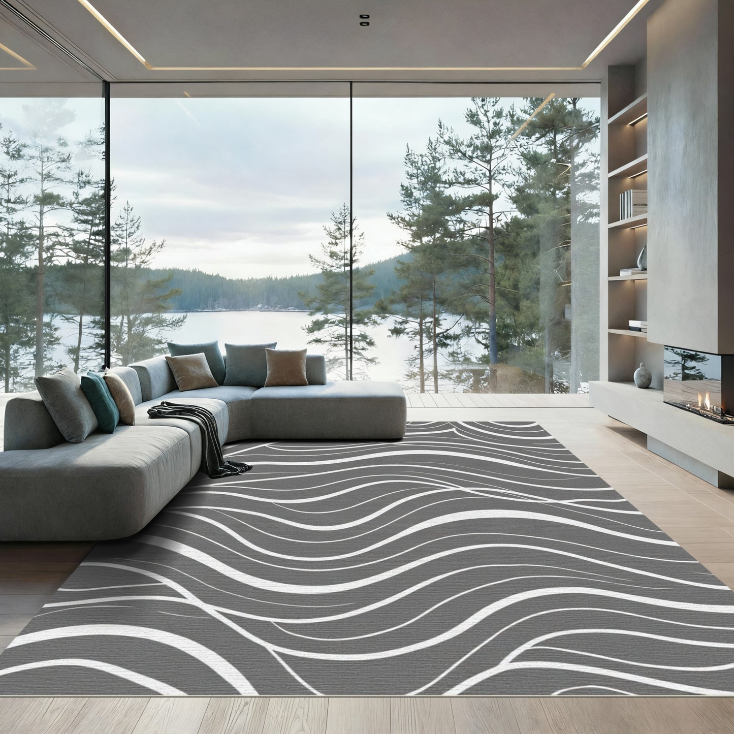 Modern Gray White Flowing Lines Rug