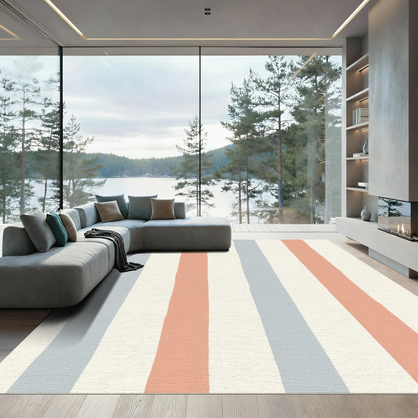 Coral Blue Cream Vertical Stripe Rug