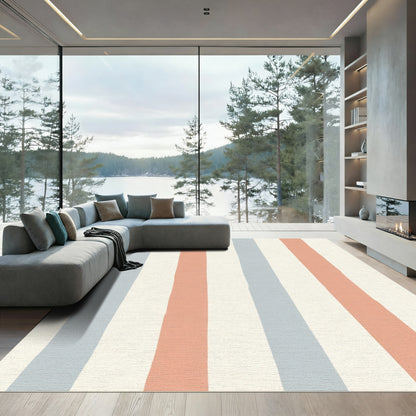 Coral Blue Cream Vertical Stripe Rug