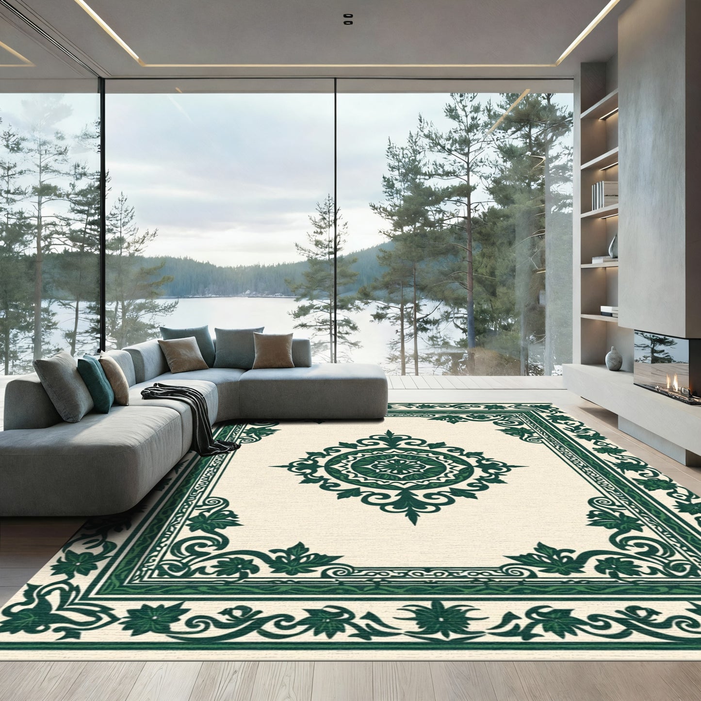 Ornate Forest Green Floral Medallion Rug