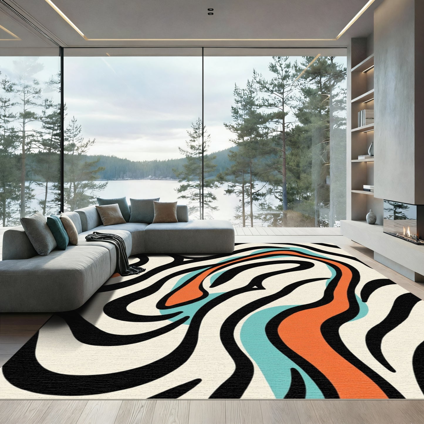 Bold Orange Aqua Zebra Swirl Rug