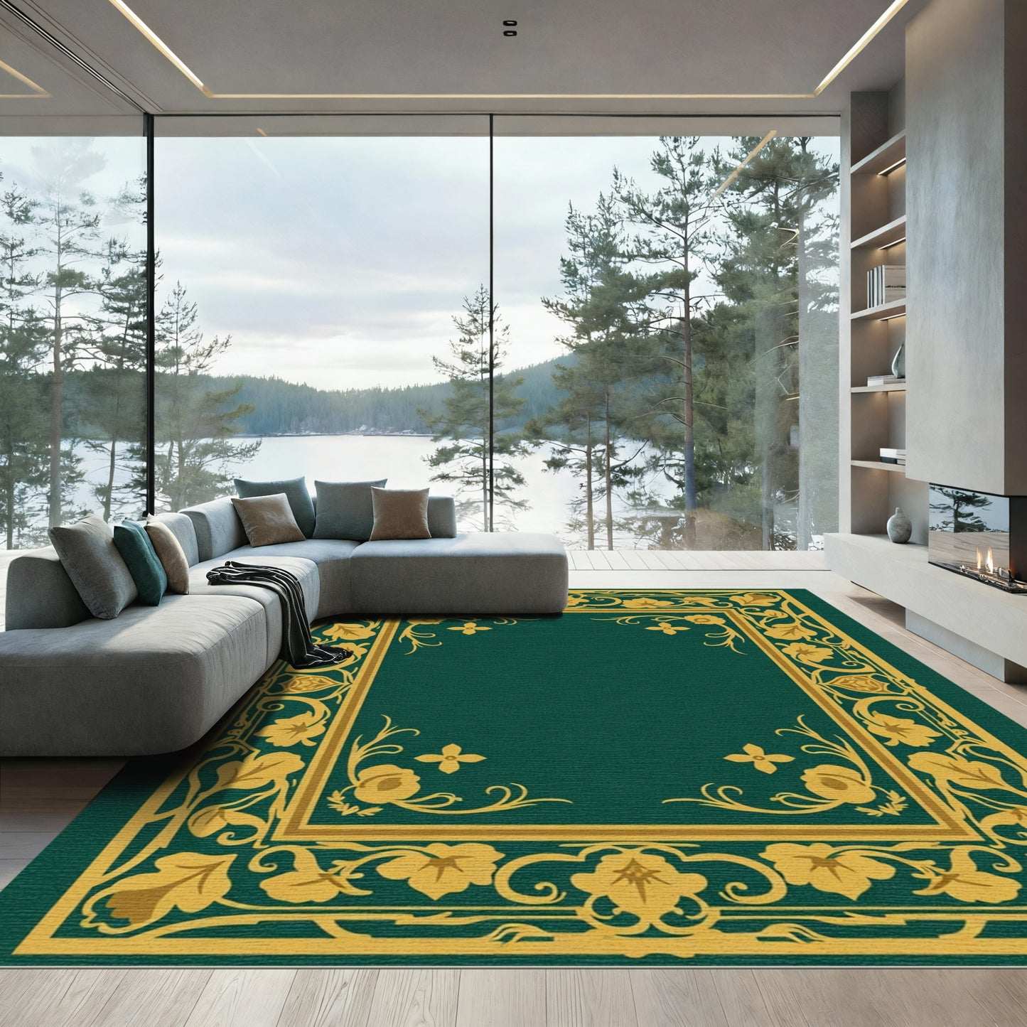 Emerald Green Floral Border Rug