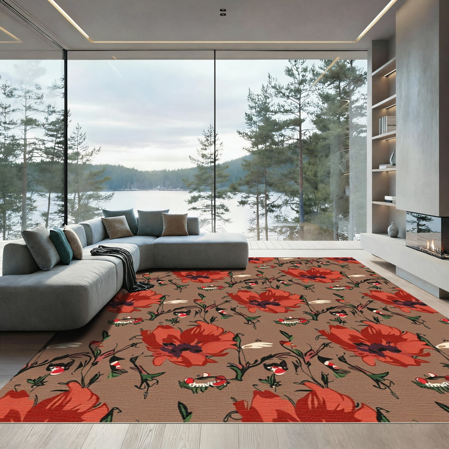 Red Poppy Botanical Branch Cover Rug