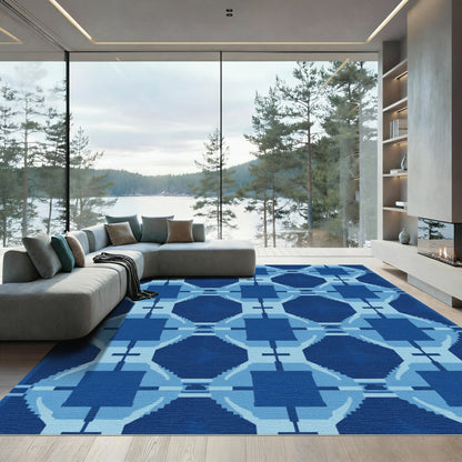 Geometric Deep Blue Square Lattice Rug