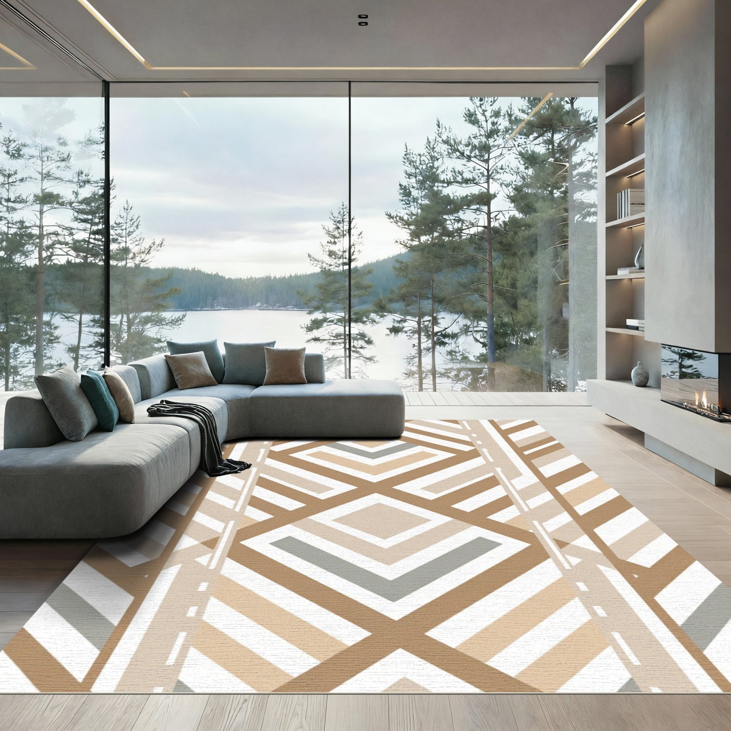 Neutral Geometric Diamond Stripe Rug