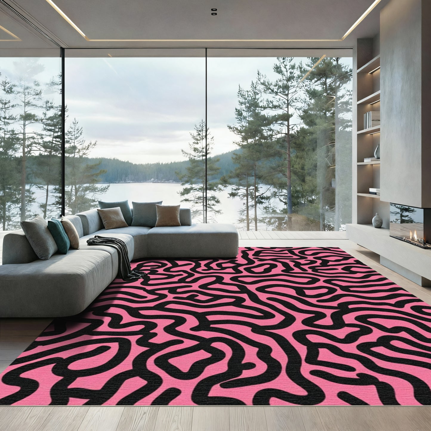 Pink Black Abstract Contour Rug