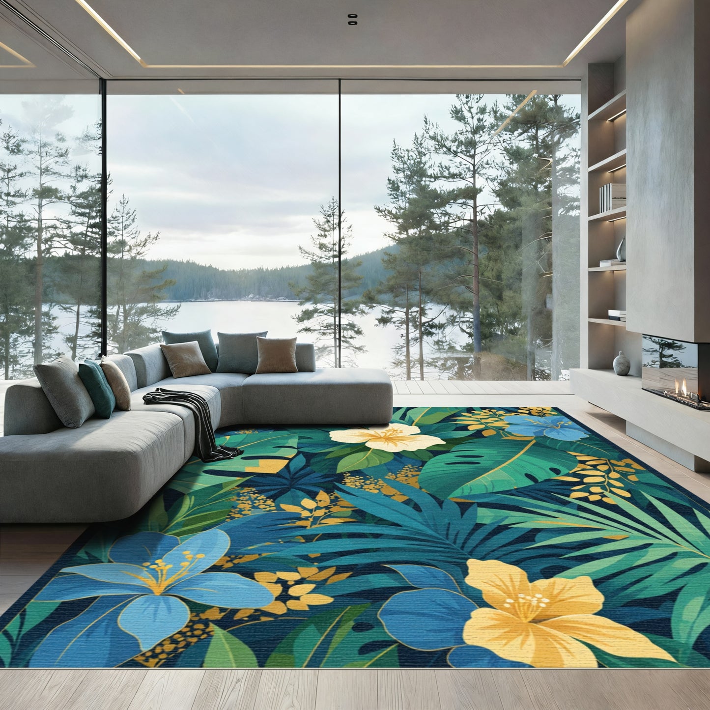 Tropical Emerald Teal Gold Floral Garden Rug