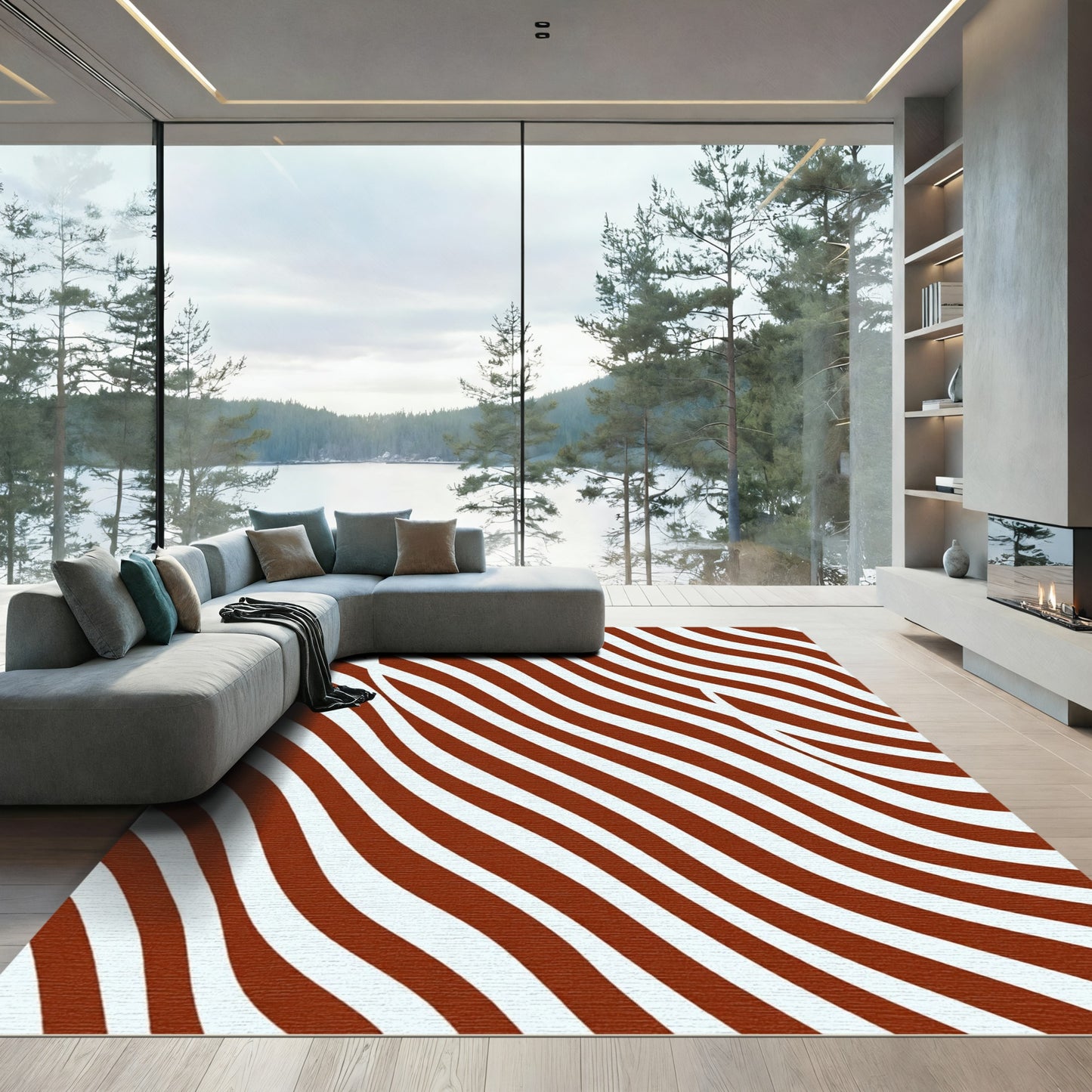 Crimson White Wavy Stripes Rug