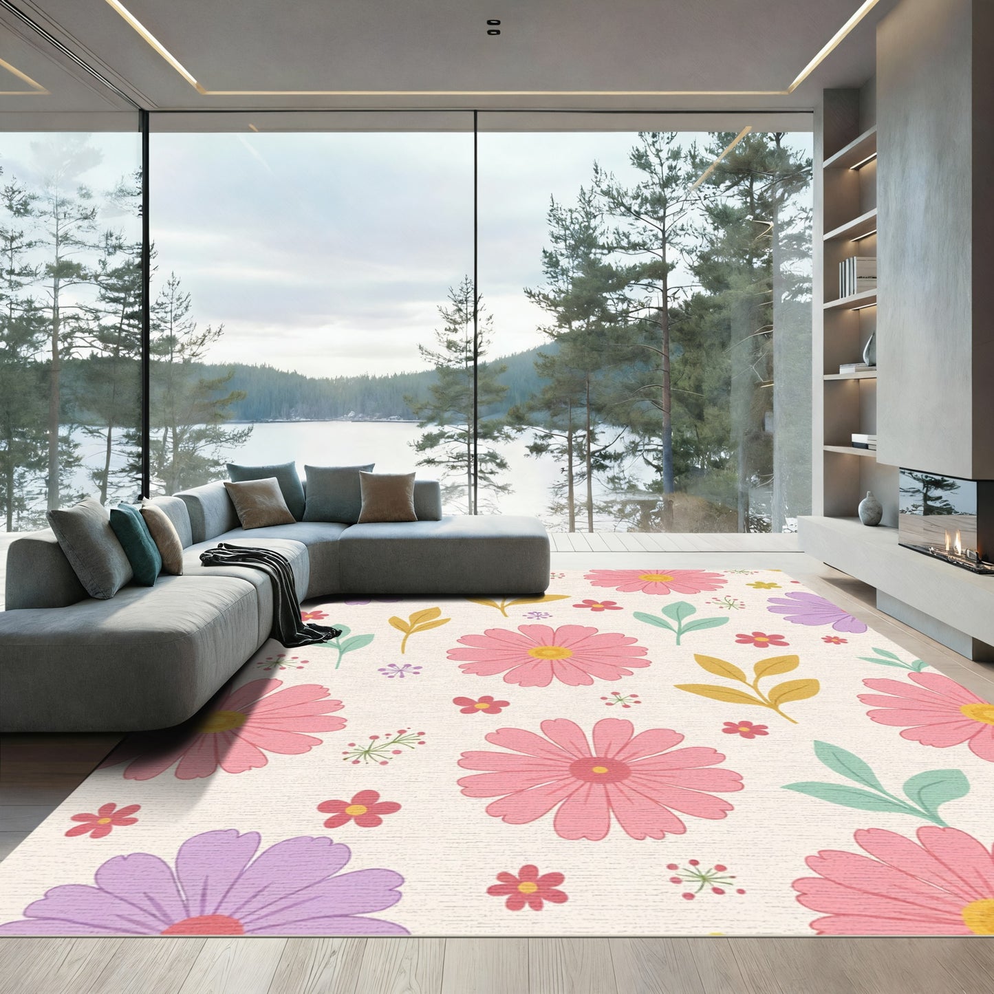 Pink Purple Daisy Botanical Floral Collage Rug