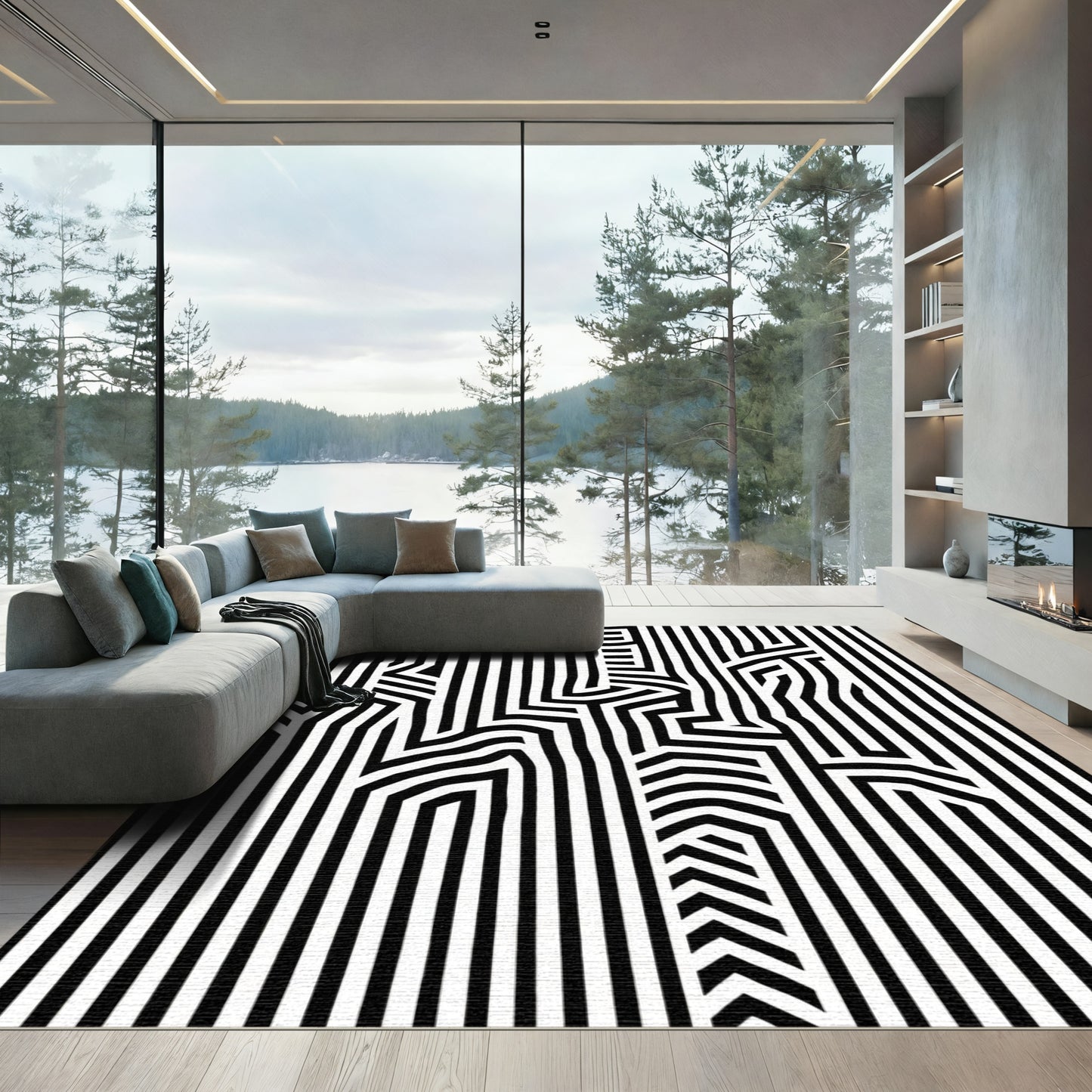 Black White Striped Interlocking Geometric Rug