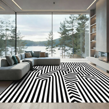 Black White Striped Interlocking Geometric Rug