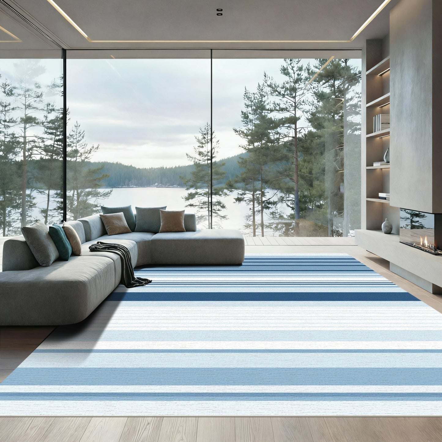Cool Blue Horizontal Stripe Gradient Rug