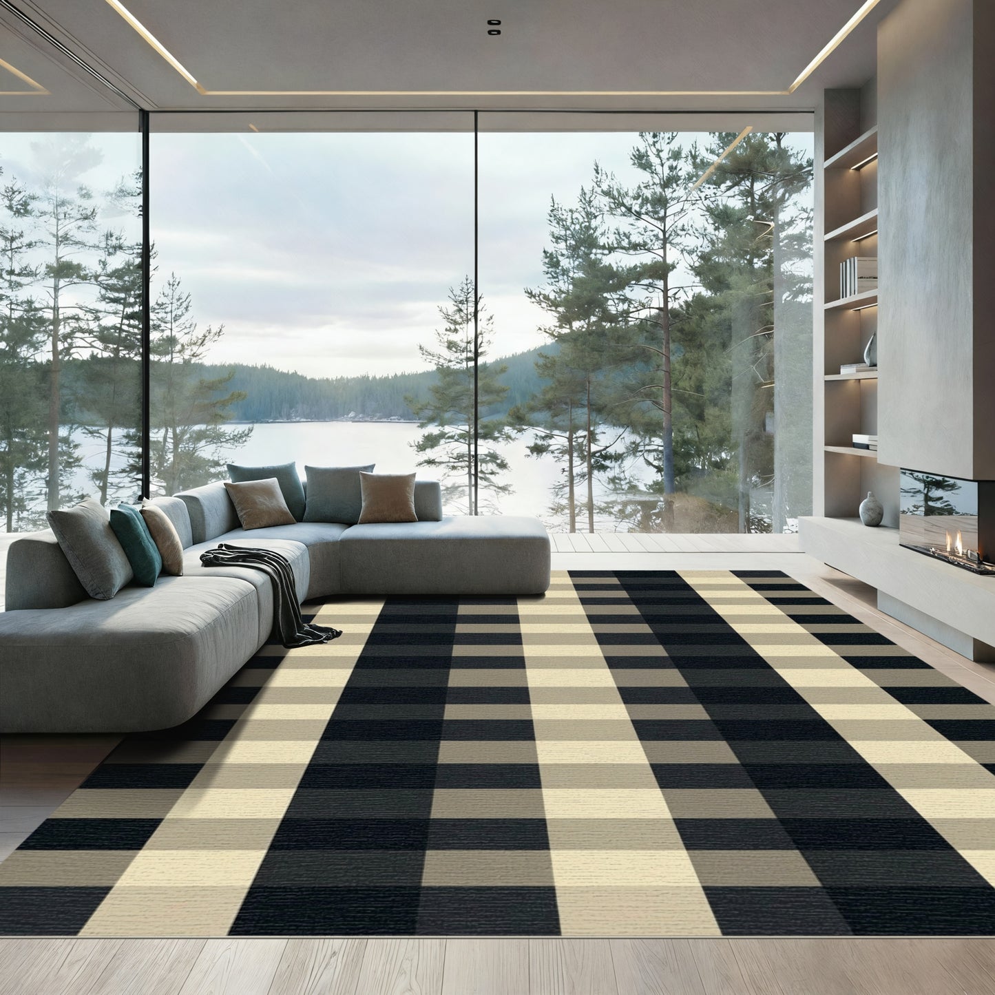 Classic Black Beige Gingham Check Rug