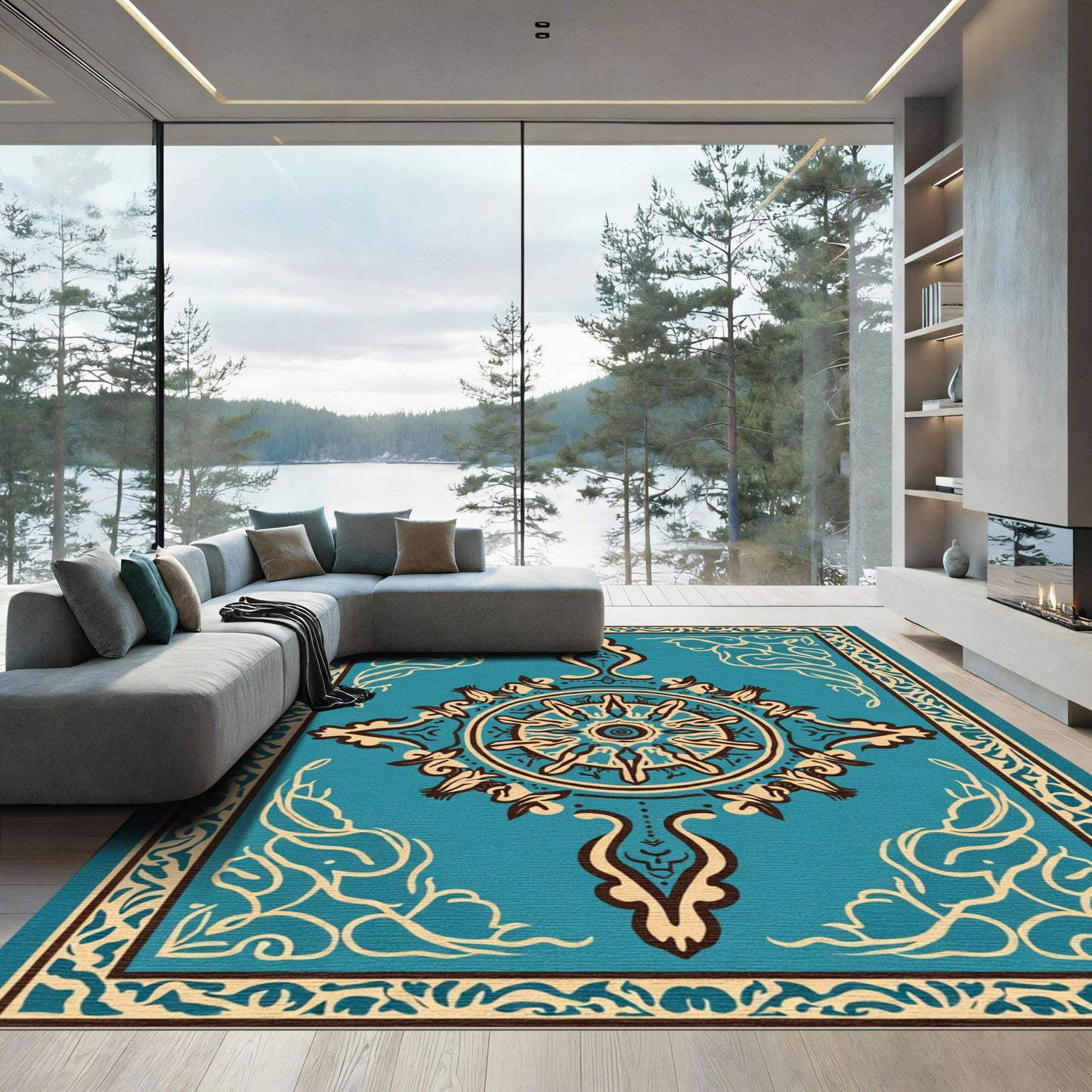 Turquoise Ivory Intricate Medallion Border Rug