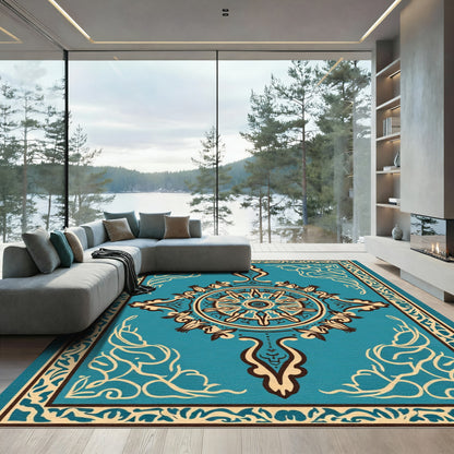 Turquoise Ivory Intricate Medallion Border Rug