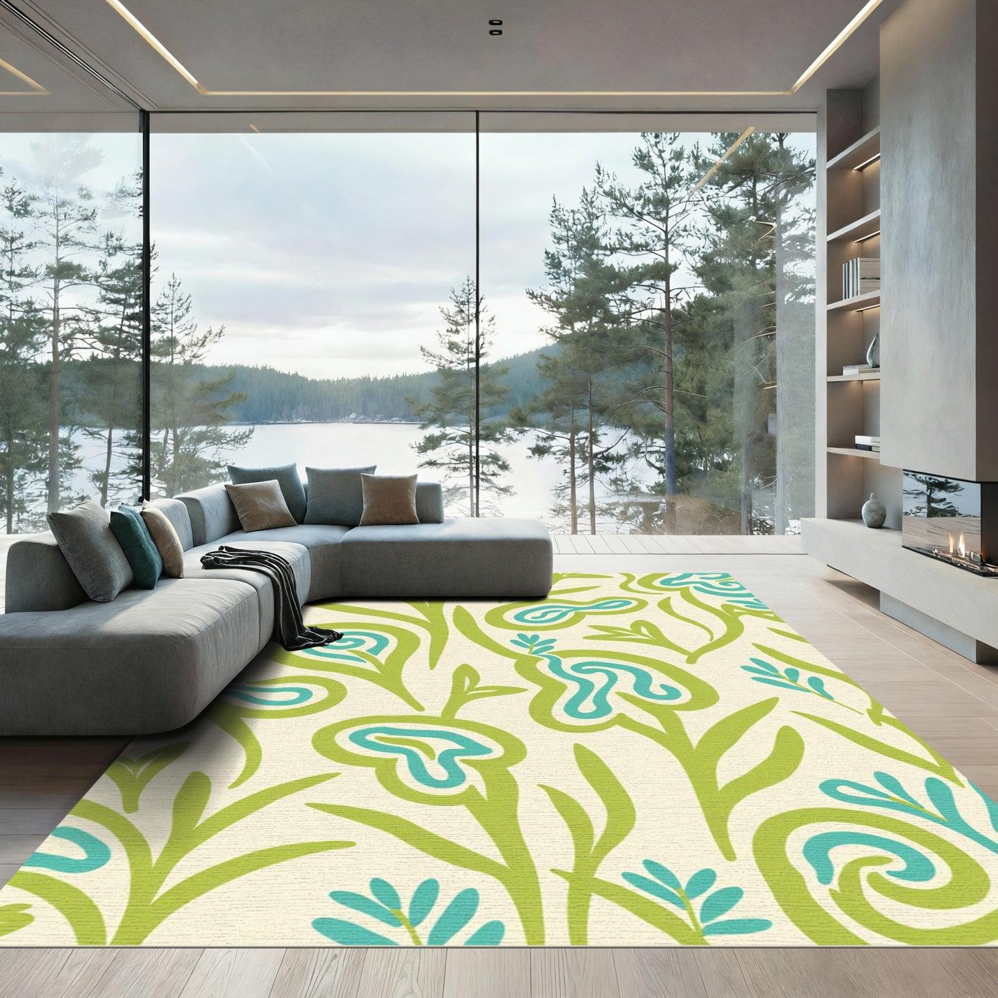 Abstract Green Teal Floral Swirl Rug