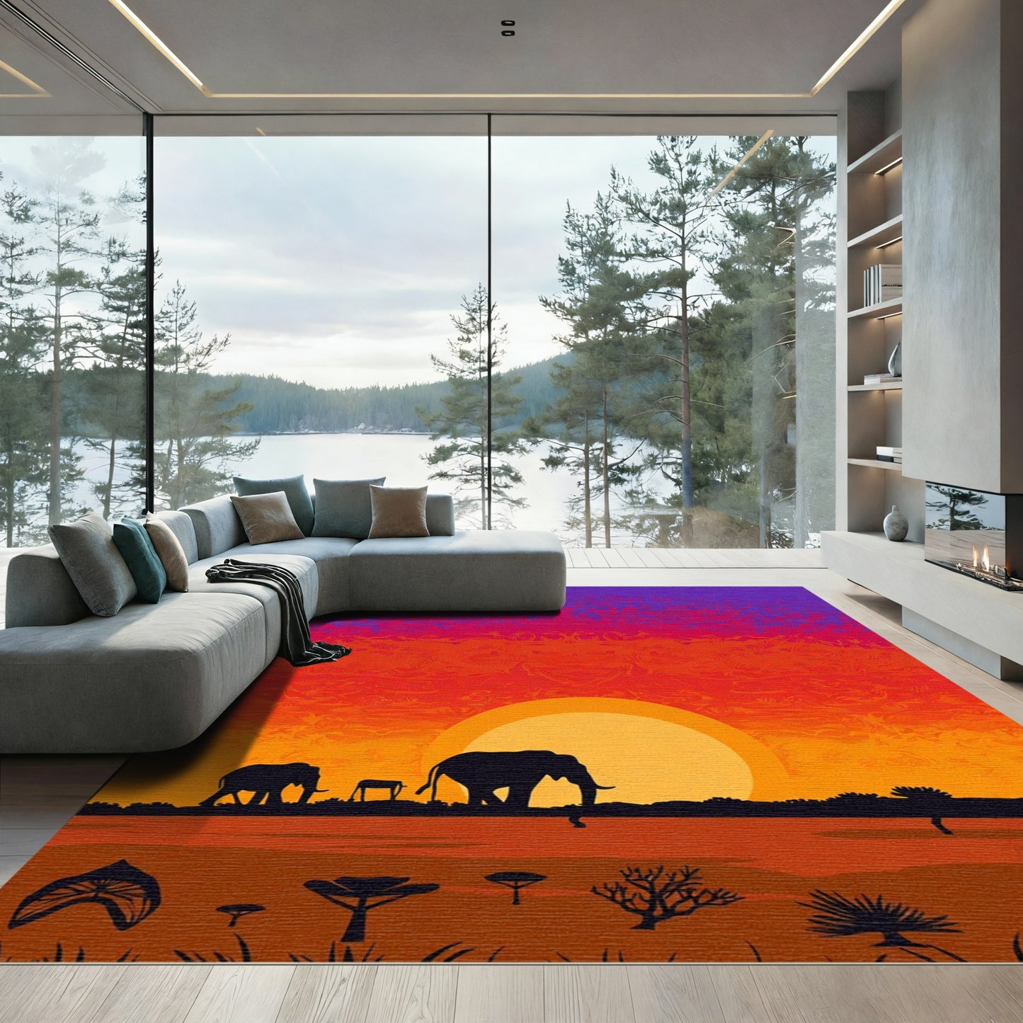 Vibrant African Sunset Elephant Herd Rug