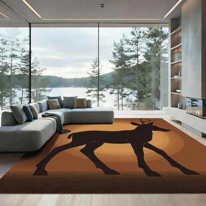 Rustic Black Deer Silhouette Sunburst Rug