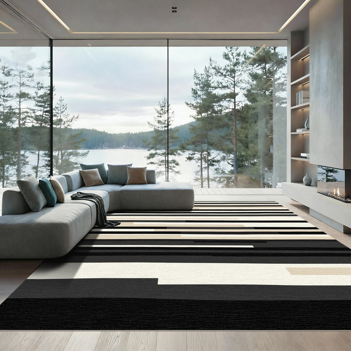 Monochrome Abstract Geometric Stripes Rug