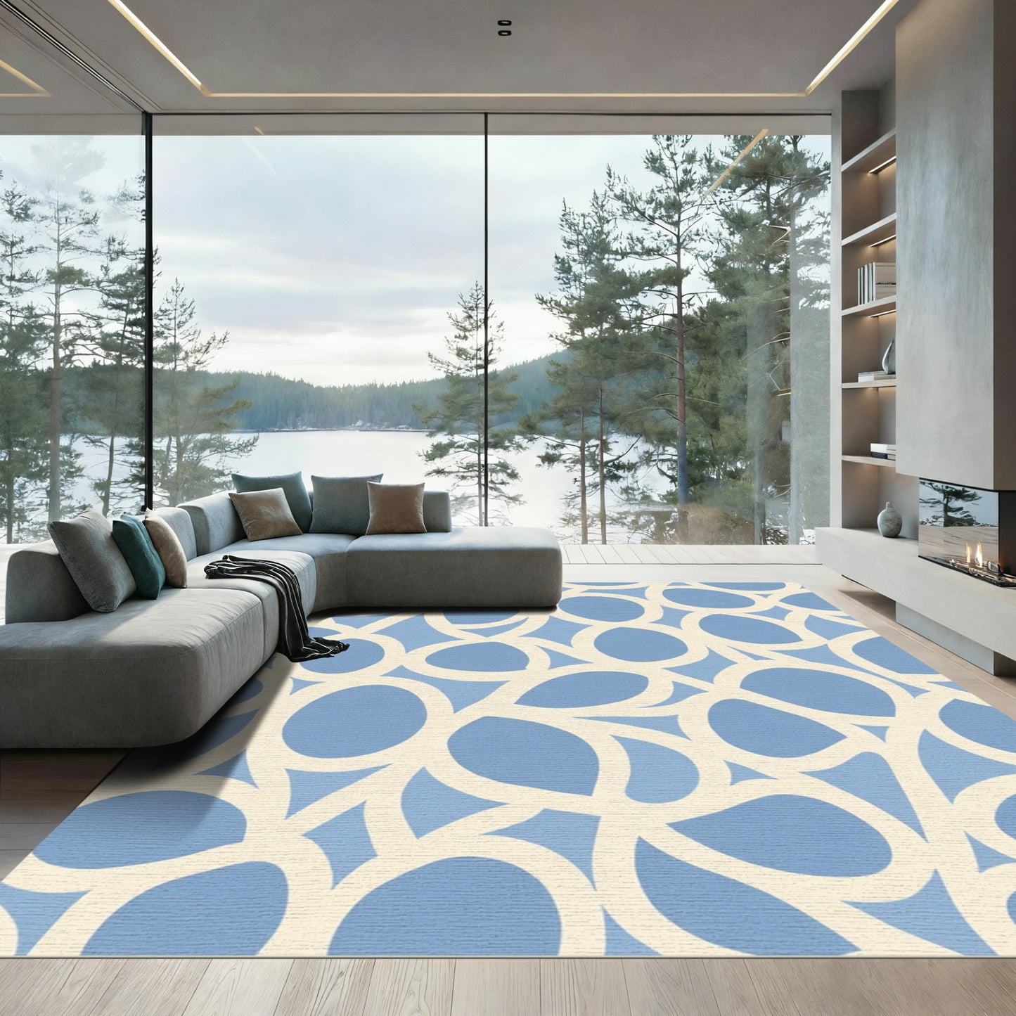 Flowing Cream Circles Abstract Blue Rug