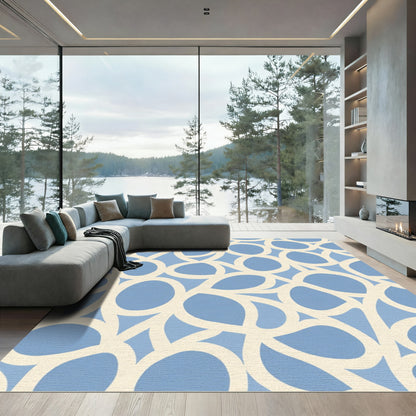 Flowing Cream Circles Abstract Blue Rug