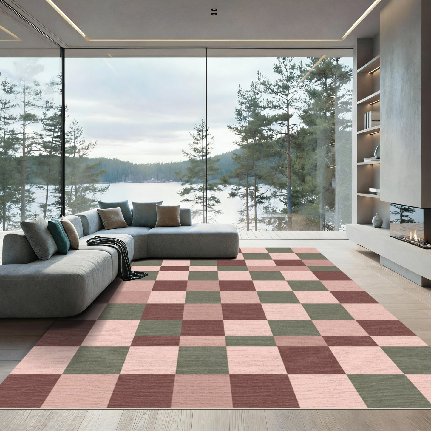 Terracotta Sage Pink Checkerboard Squares Rug