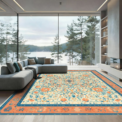 Coral Blue Ivory Floral Garden Rug