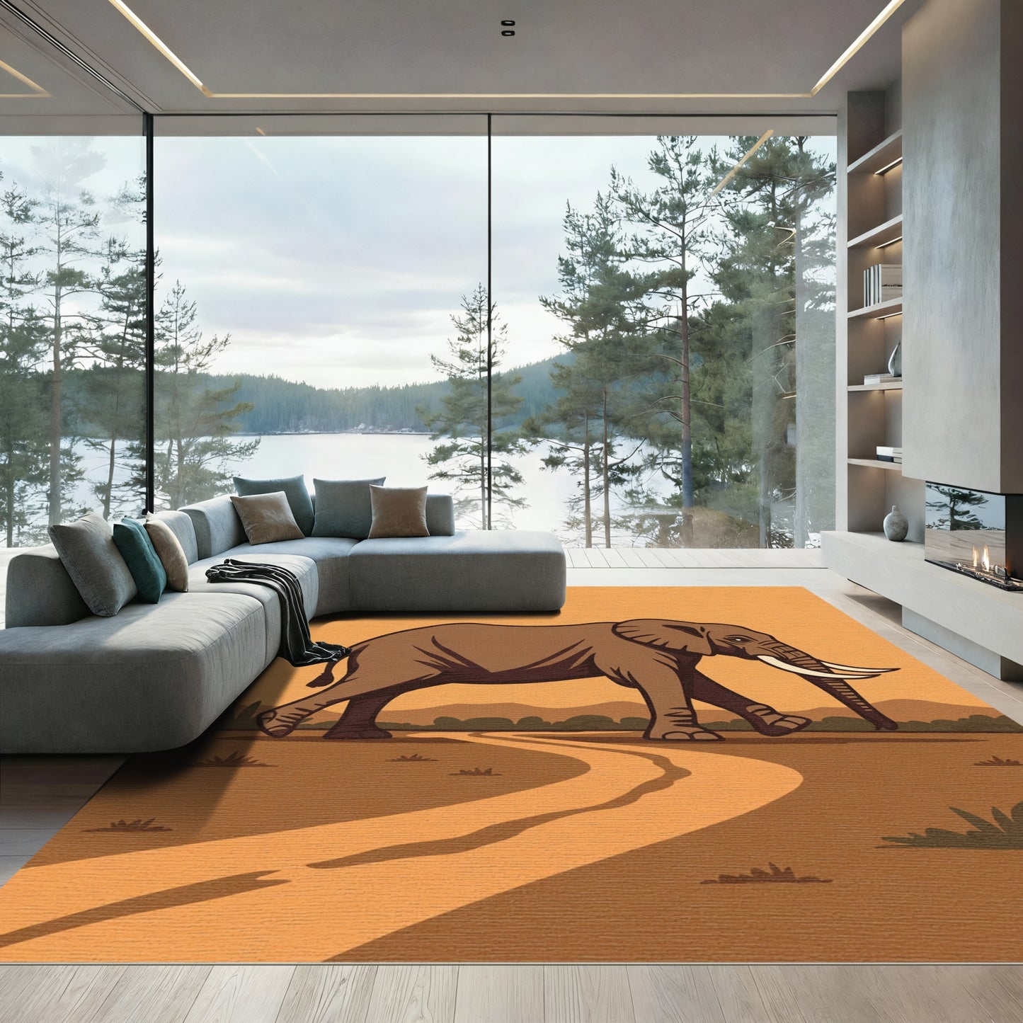 Brown Elephant on Sunset Savannah Path Rug